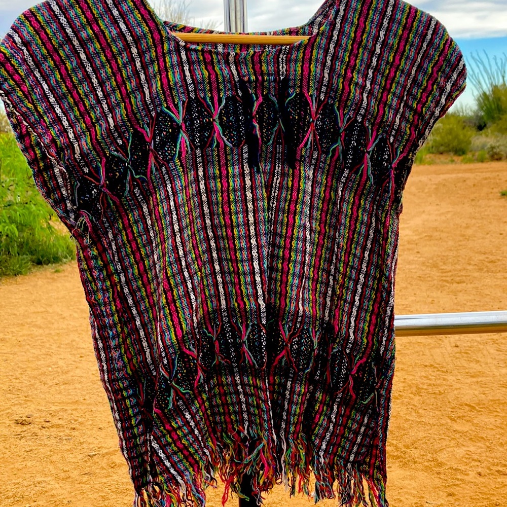 Handmade Mexican Woven Blouse - Black and Bright Rainbow Weave